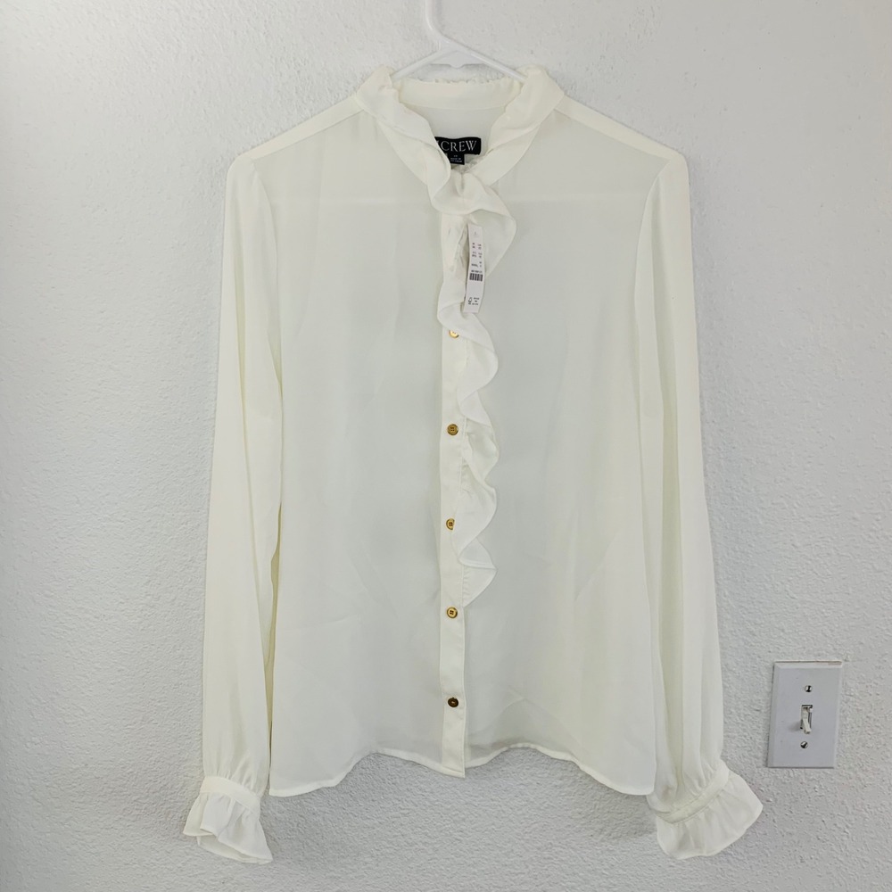 J.Crew Ivory Ruffle Front Button Blouse Gold Buttons BP573 SP23 Womens Size 10‎